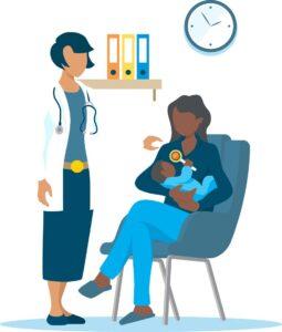 Illustration of woman of color with baby and doctor